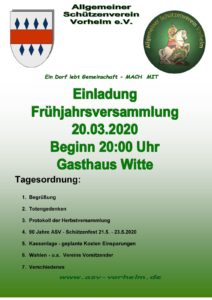 Frühjahrsversammlung 2020 / 20.03.2020 Beginn 20:00 Uhr Gasthaus Witte